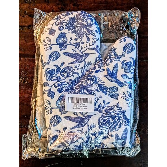 Blue Bird Oven Mitt & Pot Holder 2-Piece Set - White Blue - New - Picture 3 of 3